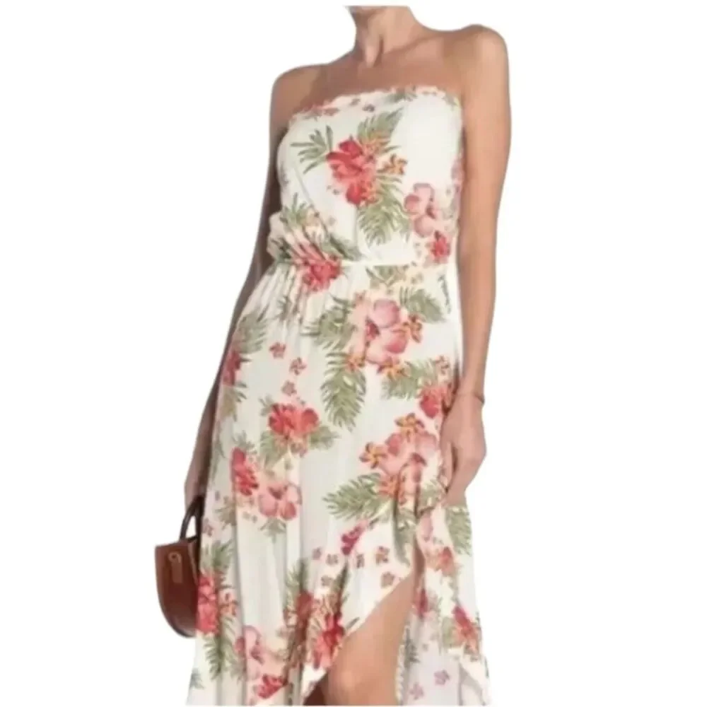 Love...ady Pink Hibiscus Green Front Slit Dress Women's Small Strapless - Picture 6 of 11